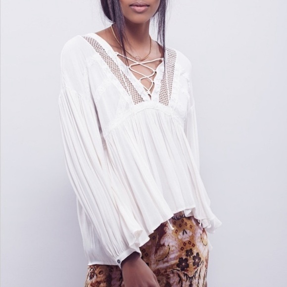 Free People Don’t Let Go cream white long balloon sleeve boho peasant top XS - Picture 3 of 11